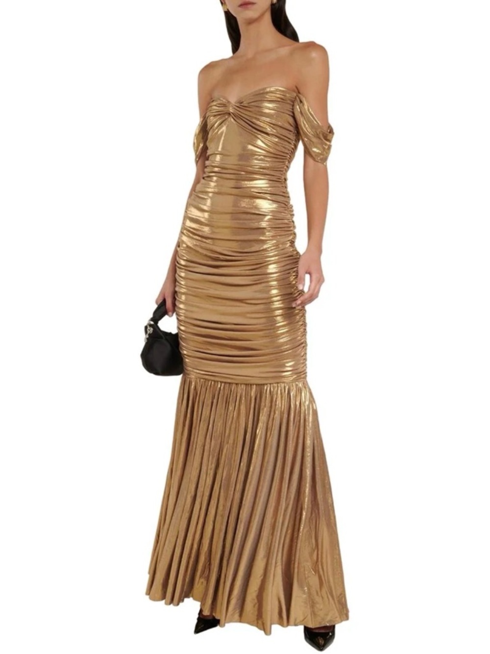 Norma Kamali Metallic Gold Off-Shoulder Ruched Mermaid Gown